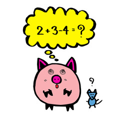 A pig is calculating , learning Math , cartoon hand draw comic character