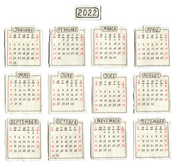 New 2022 year calendar with cute cartoon scrapbooking style. Handmade, torn paper edges.