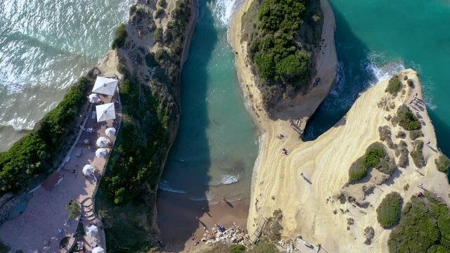 4k drone video of Kanali tou Erota - Channel of Love in Sidari settlement in northern part of the island of Corfu, Greece