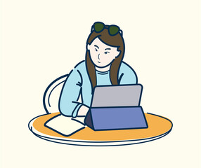 A studying or working young girl sitting on the table, illustration in vector art