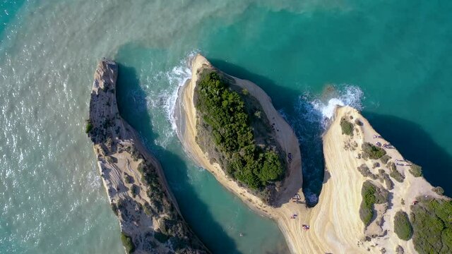 Kanali tou Erota - Channel of Love in Sidari settlement in northern part of the island of Corfu, Greece, 4k drone video