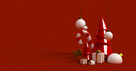 red background with Christmas trees, gift boxes, candy canes. Realistic object design. 3d rendering