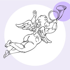 A young angel in the image of a messenger of a significant date, event or festive scene. Hand-drawn vector, design for a poster, banner, invitation, postcard, T-shirt printing, badge, stripe, tattoo.