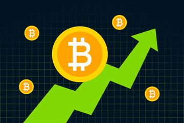 Bitcoin BTC Cryptocurrency price rises. Bitcoin graph chart design. Green arrow shows Bitcoin price going up. Vector illustration template