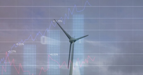 Image of wind turbine turning, data processing and stock exchange graph 