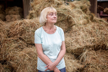 Thoughtful senior woman staying near haystack on farm, escape to be in calm and harmony, mental...
