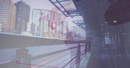 Financial data and coronavirus cells on cityscape, road traffic.