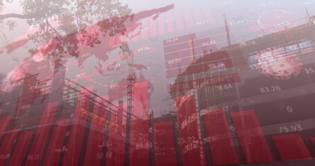 Financial data processing over world map and construction site.