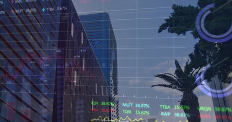 Financial data processing over office buildings and modern cityscape.
