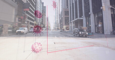 Financial data processing and coronavirus cells with dollar crashing.