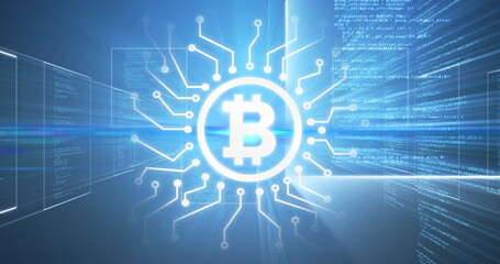 Bitcoin symbol over data processing on blue background.