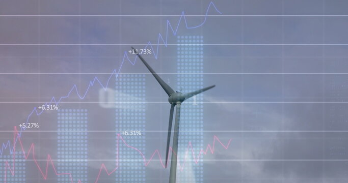 Image of wind turbine turning, data processing and stock exchange graph 