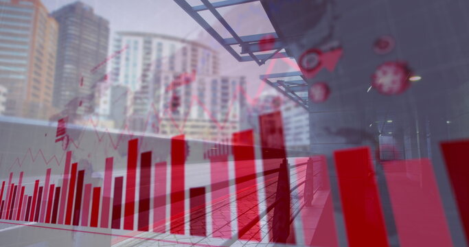 Financial data and coronavirus cells on cityscape, road traffic.