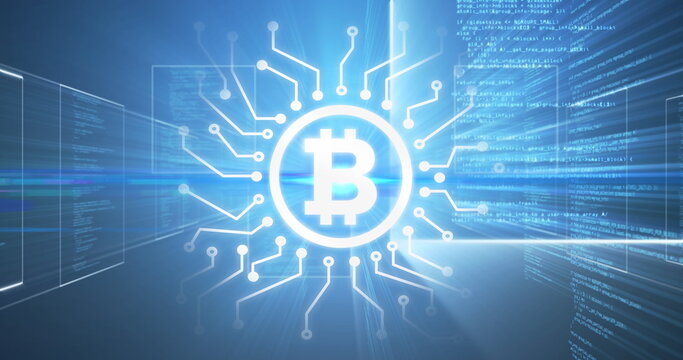 Bitcoin symbol over data processing on blue background.