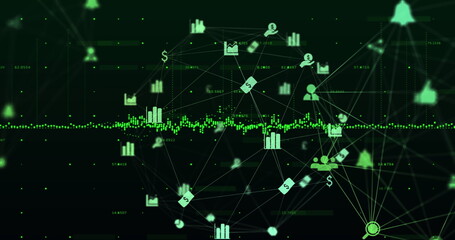 Globe of network of digital icons spinning against data processing