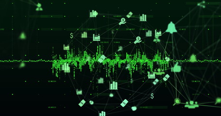 Globe of network of digital icons spinning against data processing