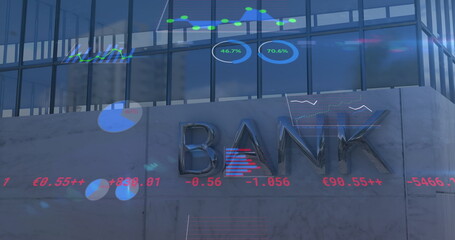 Image of financial data processing over modern bank building