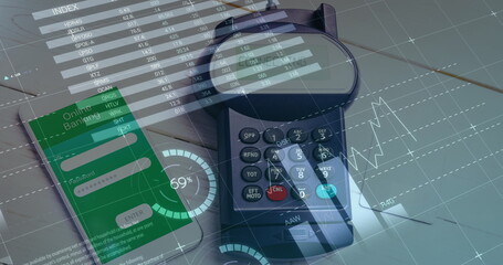 Image of financial data processing over payment terminal and smartphone