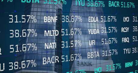 Image of financial data processing over modern bank building