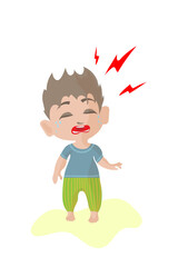 A cute little baby is standing and crying.