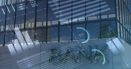 Image of financial data processing over modern bank building