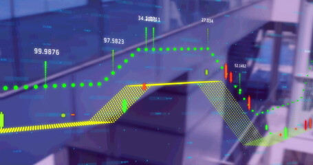 Image of financial data processing over modern building