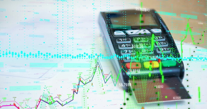 Image of financial data processing over credit card inserted into terminal