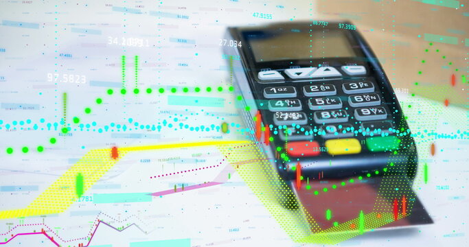 Image of financial data processing over credit card inserted into terminal