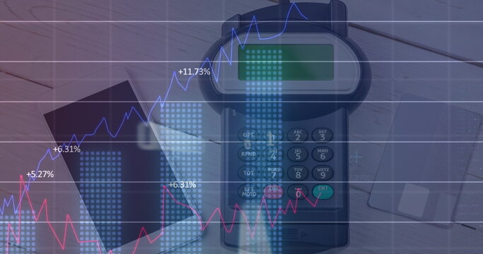 Image of financial data processing over payment terminal and smartphone