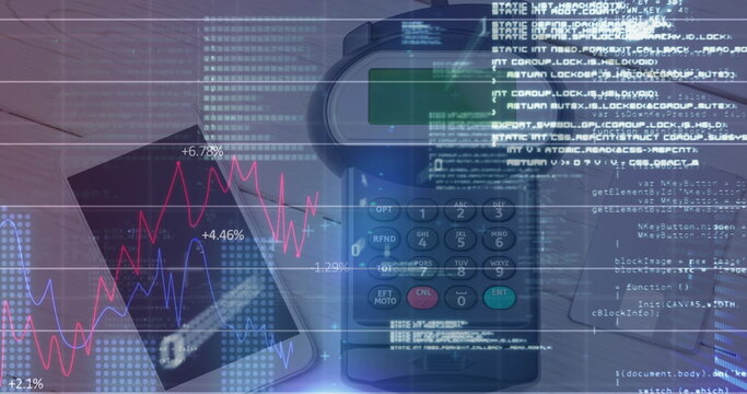 Image of financial data processing over payment terminal and smartphone