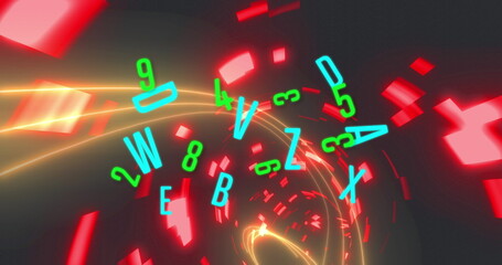 Image of numbers and letters changing over glowing tunnel