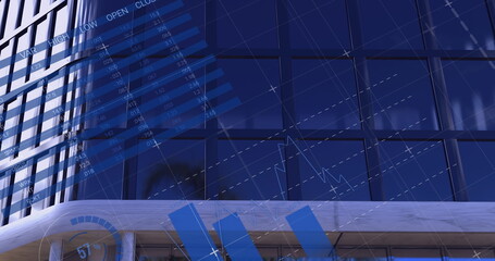 Image of financial data processing with world map and statistics recording over modern building