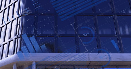 Image of financial data processing with world map and statistics recording over modern building