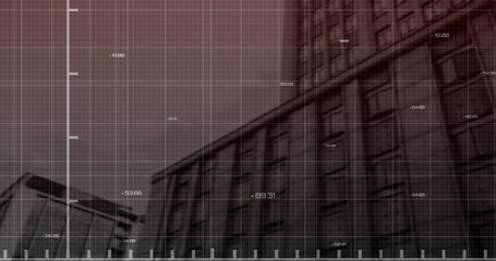 Image of financial data processing with red line recording over modern office buildings