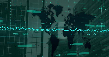 Image of financial data processing over world map and modern office buildings