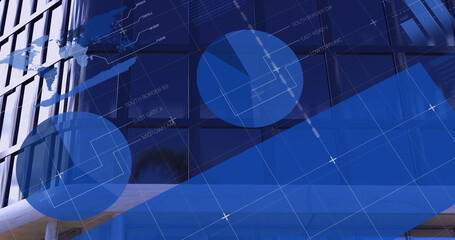 Image of financial data processing with world map and statistics recording over modern building