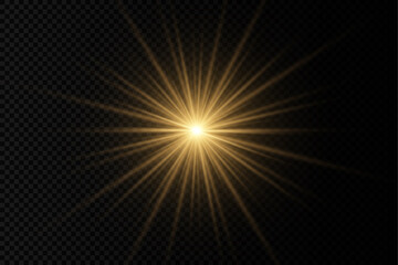 Yellow sun rays, golden light effect, star.