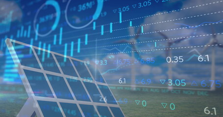 Financial data processing against solar panel and windmill in background