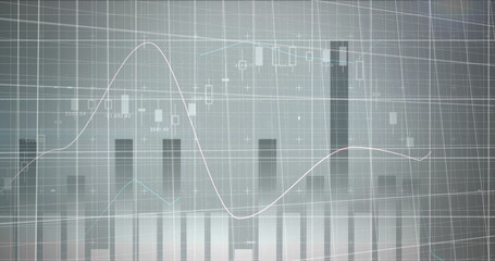 Image of red and blue lines moving with statistics of financial data processing over grid