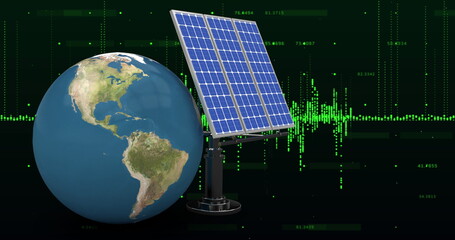 Image of financial data processing over globe and solar panels