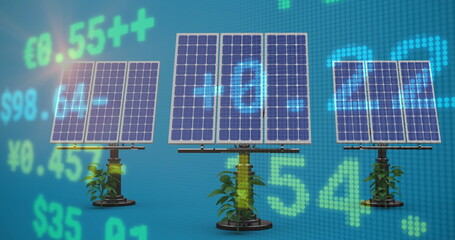 Image of financial data processing over solar panels