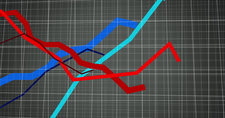 Image of red and blue lines moving and processing over grid