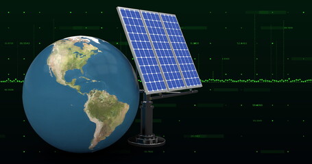 Image of financial data processing over globe and solar panels