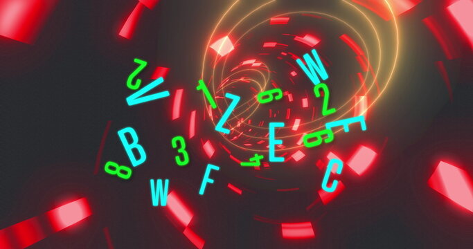 Image of numbers and letters changing over glowing tunnel