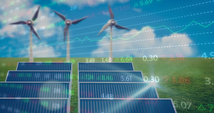 Image of financial data processing over wind turbines and solar panels