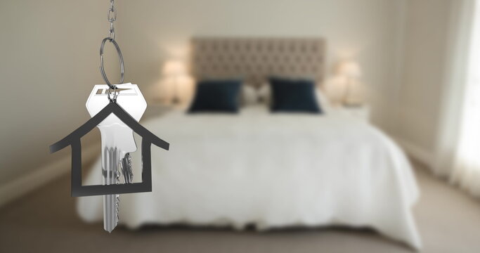 House keys and key fob hanging over out of focus bedroom 4k - Powered by Adobe