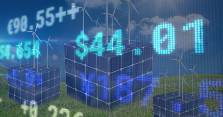 Stock market data processing against cubes of solar panels and windmills on grass against blue sky
