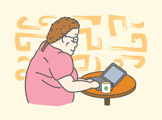 A happy woman is using a laptop in coffee shop in illustration vector art