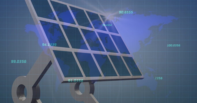 Multiple changing numbers over world map against solar panel on grid network