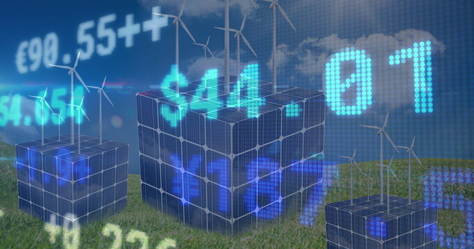 Stock market data processing against cubes of solar panels and windmills on grass against blue sky - Powered by Adobe
